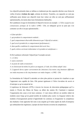 370
Les objectifs présentés dans ce tableau se traduisent par des capacités décrites sous forme de
verbes d’action (Actions du sujet, colonne de droite). Toutefois, ces capacités ne sont pas
suffisantes pour donner aux objectifs toute leur valeur car elles ne sont pas suffisamment
opérationnelles, du moins dans leurs formulations habituelles.
De Landsheere évoque la formulation d’objectif à travers un exemple : « l’élève acquerra une
connaissance pratique de la radio » (1982 : 124), en indiquant qu’on ne peut pas s’en
contenter car elle n’est pas opérationnelle ;
« il faut spécifier :
1. qui produira le comportement souhaité ;
2. quel comportement observable démontrera que l’objectif est atteint ;
3. quel sera le produit de ce comportement (performance) ;
4. dans quelles conditions le comportement doit avoir lieu ;
5. quels critères serviront à déterminer si le produit est satisfaisant. »
Et De Lansheere reformule l’objectif par l’exemple suivant :
1. « L’élève
2. saura construire
3. un poste de radio à transistors
4. en choisissant lui-même les pièces au magasin, à l’aide, du schéma adopté. (sic)
5. L’appareil devra capter correctement des émissions d’au moins cinq émetteurs différents
sur ondes moyennes et de cinq émetteurs sur ondes longues. » (1982 : 124)
La formulation de l’objectif à atteindre est alors plus précise et permet de visualiser ce que
l’apprenant sera capable de faire. Elle permet également à l’élève lui-même de savoir et
d’anticiper ce qu’on attend de lui.
L’expérience de Schwartz (1979), à travers les travaux de rénovation pédagogique qu’il a
menés à l’Ecole des Mines de Nancy au début des années 60, l’amènent à repenser
l’organisation des cours et de leurs contenus : il vaut mieux délivrer un nombre réduit de
modules assez longs qu’un grand nombre de modules plus courts. La longueur relative des
modules d’enseignement permet d’approfondir les contenus et d’augmenter la compétence
des étudiants. Cette approche fait suite à une enquête qu’il mène auprès de chefs d’entreprise
qui embauchent des ingénieurs, à propos de leurs besoins en terme de compétences.
 