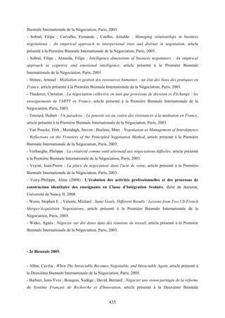 435
Biennale Internationale de la Négociation, Paris, 2003.
- Sobral, Filipe ; Carvalho, Fernando ; Coelho, Arnaldo : Managing relationships in business
negotiations : An empirical approach to interpersonal trust and distrust in negotiation, article
présenté à la Première Biennale Internationale de la Négociation, Paris, 2003.
- Sobral, Filipe ; Almeida, Filipe : Intelligence dimensions of business negotiators : An empirical
approach to cognitive and emotional intelligence, article présenté à la Première Biennale
Internationale de la Négociation, Paris, 2003.
- Stimec, Arnaud : Médiation et gestion des ressources humaines : un état des lieux des pratiques en
France, article présenté à la Première Biennale Internationale de la Négociation, Paris, 2003.
- Thuderoz, Christian : La négociation collective en tant que processus de décision et d'échange : les
enseignements de l'ARTT en France, article présenté à la Première Biennale Internationale de la
Négociation, Paris, 2003.
- Touzard, Hubert : Un paradoxe : Le pouvoir est au centre des résistances à la médiation en France,
article présenté à la Première Biennale Internationale de la Négociation, Paris, 2003.
- Van Poucke, Dirk ; Mestdagh, Steven ; Buelens, Marc : Negotiation as Management of Interdepence
: Reflections on the Frontiers of the Principled Negotiation Method, article présenté à la Première
Biennale Internationale de la Négociation, Paris, 2003.
- Verhaeghe, Philippe : La créativité comme outil alternatif aux négociations difficiles, article présenté
à la Première Biennale Internationale de la Négociation, Paris, 2003.
- Veyrat, Jean-Pierre : La place du négociateur dans l'acte de vente, article présenté à la Première
Biennale Internationale de la Négociation, Paris, 2003.
- Voiry-Philippe, Aline (2008) : L’évolution des activités professionnelles et des processus de
construction identitaire des enseignants en Classe d’Intégration Scolaire, thèse de doctorat,
Université de Nancy II, 2008.
- Weiss, Stephen E. ; Valente, Michael : Same Goals, Different Results : Lessons from Two US-French
Merger/Acquisition Negotiations, article présenté à la Première Biennale Internationale de la
Négociation, Paris, 2003.
- Witko, Agnès : Négocier sur des dates dans des réunions de travail, article présenté à la Première
Biennale Internationale de la Négociation, Paris, 2003.
- 2e Biennale 2005.
- Albin, Cecilia : When The Intractable Becomes Negotiable, and Intractable Again, article présenté à
la Deuxième Biennale Internationale de la Négociation, Paris, 2005.
- Barbier, Jean-Yves ; Bouquin, Nadège ; David, Bernard : Négocier une vision partagée de la réforme
du Système Français de Recherche et d'Innovation, article présenté à la Deuxième Biennale
 