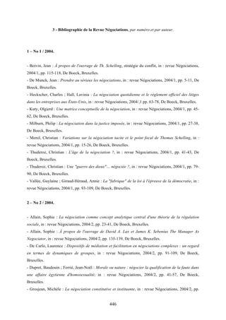 446
3 - Bibliographie de la Revue Négociations, par numéro et par auteur.
1 – No 1 / 2004.
- Boivin, Jean : À propos de l'ouvrage de Th. Schelling, stratégie du conflit, in : revue Négociations,
2004/1, pp. 115-118, De Boeck, Bruxelles.
- De Munck, Jean : Prendre au sérieux les négociations, in : revue Négociations, 2004/1, pp. 5-11, De
Boeck, Bruxelles.
- Heckscher, Charles ; Hall, Lavinia : La négociation quotidienne et le règlement officiel des litiges
dans les entreprises aux États-Unis, in : revue Négociations, 2004/,1 pp. 63-78, De Boeck, Bruxelles.
- Kuty, Olgierd : Une matrice conceptuelle de la négociation, in : revue Négociations, 2004/1, pp. 45-
62, De Boeck, Bruxelles.
- Milburn, Philip : La négociation dans la justice imposée, in : revue Négociations, 2004/1, pp. 27-38,
De Boeck, Bruxelles.
- Morel, Christian : Variations sur la négociation tacite et le point focal de Thomas Schelling, in :
revue Négociations, 2004/1, pp. 15-26, De Boeck, Bruxelles.
- Thuderoz, Christian : L'âge de la négociation ?, in : revue Négociations, 2004/1, pp. 41-43, De
Boeck, Bruxelles.
- Thuderoz, Christian : Une "guerre des dieux"… négociée ?, in : revue Négociations, 2004/1, pp. 79-
90, De Boeck, Bruxelles.
- Vallée, Guylaine ; Giraud-Héraud, Annie : La "fabrique" de la loi à l'épreuve de la démocratie, in :
revue Négociations, 2004/1, pp. 93-109, De Boeck, Bruxelles.
2 – No 2 / 2004.
- Allain, Sophie : La négociation comme concept analytique central d'une théorie de la régulation
sociale, in : revue Négociations, 2004/2, pp. 23-41, De Boeck, Bruxelles.
- Allain, Sophie : À propos de l'ouvrage de David A. Lax et James K. Sebenius The Manager As
Negociator, in : revue Négociations, 2004/2, pp. 135-139, De Boeck, Bruxelles.
- De Carlo, Laurence : Dispositifs de médiation et facilitation en négociations complexes : un regard
en termes de dynamiques de groupes, in : revue Négociations, 2004/2, pp. 91-109, De Boeck,
Bruxelles.
- Dupret, Baudouin ; Ferrié, Jean-Noël : Morale ou nature : négocier la qualification de la faute dans
une affaire égytienne d'homosexualité, in : revue Négociations, 2004/2, pp. 41-57, De Boeck,
Bruxelles.
- Grosjean, Michèle : La négociation constitutive et instituante, in : revue Négociations, 2004/2, pp.
 