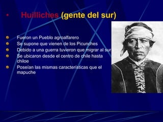 Huilliches  (gente del sur) Fueron un Pueblo agroalfarero Se supone que vienen de los Picunches Debido a una guerra tuvieron que migrar al sur Se ubicaron desde el centro de chile hasta chiloe Poseían las mismas características que el mapuche   