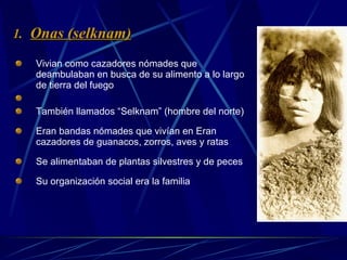 Vivian como cazadores nómades que deambulaban en busca de su alimento a lo largo de  tierra del fuego También llamados “Selknam” (hombre del norte) Eran bandas nómades que vivían en Eran cazadores de guanacos, zorros, aves y ratas Se alimentaban de plantas silvestres y de peces Su organización social era la familia Onas (selknam) 