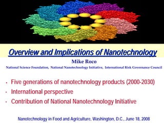 F. Frankel - copyright


    Overview and Implications of Nanotechnology
                                          Mike Roco
National Science Foundation, National Nanotechnology Initiative, International Risk Governance Council



•   Five generations of nanotechnology products (2000-2030)
•   International perspective
•   Contribution of National Nanotechnology Initiative

       Nanotechnology in Food and Agriculture, Washington, D.C., June 18, 2008
 