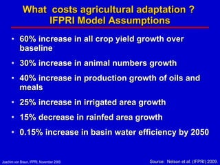 What  costs agricultural adaptation ?  IFPRI Model Assumptions 60% increase in all crop yield growth over baseline 30% increase in animal numbers growth 40% increase in production growth of oils and meals 25% increase in irrigated area growth 15% decrease in rainfed area growth 0.15% increase in basin water efficiency by 2050 Source:  Nelson et al. (IFPRI) 2009 . 