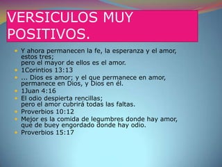 VERSICULOS MUY POSITIVOS.Y ahora permanecen la fe, la esperanza y el amor,estos tres;pero el mayor de ellos es el amor.1Corintios 13:13 ... Dios es amor; y el que permanece en amor,permanece en Dios, y Dios en él. 1Juan 4:16 El odio despierta rencillas; pero el amor cubrirá todas las faltas.Proverbios 10:12 Mejor es la comida de legumbres donde hay amor,que de buey engordado donde hay odio.Proverbios 15:17 