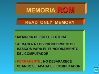 READ  ONLY  MEMORY MEMORIA DE SOLO  LECTURA ALMACENA LOS PROCEDIMIENTOS  BASICOS PARA EL FUNCIONAMIENTO DEL COMPUTADOR PERMANENTE  : NO DESAPARECE  CUANDO SE APAGA EL  COMPUTADOR MEMORIA  ROM 