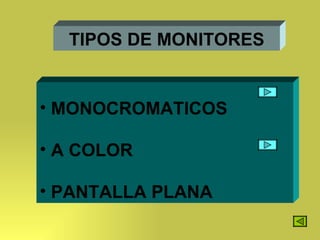 TIPOS DE MONITORES MONOCROMATICOS A COLOR PANTALLA PLANA 