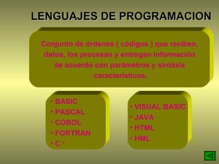 LENGUAJES DE PROGRAMACION Conjunto de órdenes ( códigos ) que reciben, datos, los procesan y entregan información de acuerdo con parámetros y sintáxis característicos. BASIC  PASCAL COBOL FORTRAN C  + VISUAL BASIC JAVA HTML HML 