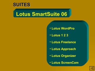 SUITES Lotus SmartSuite 06 Lotus WordPro Lotus 1 2 3 Lotus Freelance Lotus Approach Lotus Organizer Lotus ScreenCam 