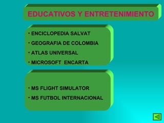 EDUCATIVOS Y ENTRETENIMIENTO ENCICLOPEDIA SALVAT GEOGRAFIA DE COLOMBIA ATLAS UNIVERSAL  MICROSOFT  ENCARTA MS FLIGHT SIMULATOR MS FUTBOL INTERNACIONAL 