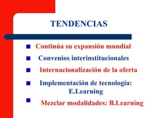 TENDENCIAS Continúa su expansión mundial Convenios interinstitucionales Implementación de tecnología: E.Learning Internacionalización de la oferta Mezclar modalidades: B.Learning 