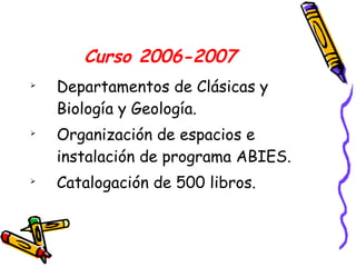 Curso 2006-2007

    Departamentos de Clásicas y
    Biología y Geología.

    Organización de espacios e
    instalación de programa ABIES.

    Catalogación de 500 libros.
 