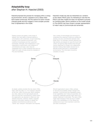 131
Adaptability loop
after Stephan H. Haeckel (2003)
Haeckel proposed this process for managing within a chang-
ing environment. At ﬁrst, it appears to be a classic feed-
back-based control loop. But the options for action include
changing goals and thus suggest a more complex process
than is represented in the model.
Haeckel’s model may also be interpreted as a variation
on the classic PDCA cycle. It’s interesting to note that the
PDCA cycle also implies but does not represent a process
for changing goals. (Some variations on the model include
it.) The authors may have chosen a simpler representation
to make it easy to communicate and remember.
 
