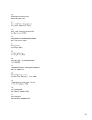 135
120
Product development process
after Stuart Pugh (1990)
121
Iconic model of the design process
after Mihajlo D. Mesarovic (1964)
122
Spiral model of software development
after Barry Boehm (1986)
123
BodyMedia product development process
after Chris Pacione (2002)
124
Design process
Paul Souza (1999?)
125
Innovation planning
after Vijay Kumar (2003)
126
Rational Uniﬁed Process iteration cycle
Per Kroll (2004)
127
Extreme programming planning/feedback loops
after Don Wells (2000)
128
Engineering design process
after Atila Ertas and Jesse C. Jones (1996)
129
Product development process: overview
Hewlett Packard (circa 2000)
130
PDCA quality cycle
after Walter A. Shewart (1939)
131
Adaptability loop
after Stephan H. Haeckel (2003)
 