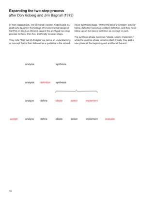 16
Expanding the two-step process
after Don Koberg and Jim Bagnall (1972)
In their classic book, The Universal Traveler, Koberg and Ba-
gnall (who taught in the College of Environmental Design at
Cal Poly in San Luis Obisbo) expand the archtypal two-step
process to three, then ﬁve, and ﬁnally to seven steps.
They note “that ‘out of Analysis’ we derive an understanding
or concept that is then followed as a guideline in the rebuild-
ing or Synthesis stage.” Within the book’s “problem-solving”
frame, deﬁnition becomes problem deﬁnition, and they never
follow up on the idea of deﬁnition as concept or parti.
The synthesis phase becomes “ideate, select, implement,”
while the analysis phase remains intact. Finally, they add a
new phase at the beginning and another at the end.
 