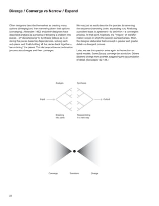 22
Diverge / Converge vs Narrow / Expand
We may just as easily describe the process by reversing
the sequence (narrowing down, expanding out). Analyzing
a problem leads to agreement—to deﬁnition—a convergent
process. At that point, hopefully, the “miracle” of transfor-
mation occurs in which the solution concept arises. Then,
the designer elaborates that concept in greater and greater
detail—a divergent process.
Later, we see this question arise again in the section on
spiral models. Some (Souza) converge on a solution. Others
(Boehm) diverge from a center, suggesting the accumulation
of detail. (See pages 122-125.)
Often designers describe themselves as creating many
options (diverging) and then narrowing down their options
(converging). Alexander (1962) and other designers have
described analysis as a process of breaking a problem into
pieces—of “decomposing” it. Synthesis follows as re-or-
dering the pieces based on dependencies, solving each
sub-piece, and ﬁnally knitting all the pieces back together—
“recombining” the pieces. This decomposition-recombination
process also diverges and then converges.
 