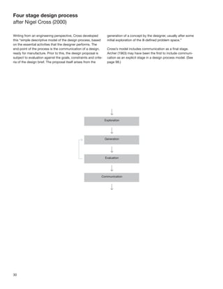 30
generation of a concept by the designer, usually after some
initial exploration of the ill-deﬁned problem space.”
Cross’s model includes communication as a ﬁnal stage.
Archer (1963) may have been the ﬁrst to include communi-
cation as an explicit stage in a design process model. (See
page 98.)
Writing from an engineering perspective, Cross developed
this “simple descriptive model of the design process, based
on the essential activities that the designer performs. The
end-point of the process is the communication of a design,
ready for manufacture. Prior to this, the design proposal is
subject to evaluation against the goals, constraints and crite-
ria of the design brief. The proposal itself arises from the
Four stage design process
after Nigel Cross (2000)
 