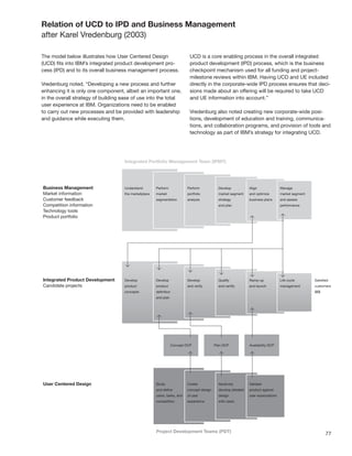 77
Relation of UCD to IPD and Business Management
after Karel Vredenburg (2003)
The model below illustrates how User Centered Design
(UCD) ﬁts into IBM’s integrated product development pro-
cess (IPD) and to its overall business management process.
Vredenburg noted, “Developing a new process and further
enhancing it is only one component, albeit an important one,
in the overall strategy of building ease of use into the total
user experience at IBM. Organizations need to be enabled
to carry out new processes and be provided with leadership
and guidance while executing them.
UCD is a core enabling process in the overall integrated
product development (IPD) process, which is the business
checkpoint mechanism used for all funding and project-
milestone reviews within IBM. Having UCD and UE included
directly in the corporate-wide IPD process ensures that deci-
sions made about an offering will be required to take UCD
and UE information into account.”
Vredenburg also noted creating new corporate-wide posi-
tions, development of education and training, communica-
tions, and collaboration programs, and provision of tools and
technology as part of IBM’s strategy for integrating UCD.
 