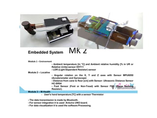 Affective Cane Prototype
MK 2
Embedded System
Module 1 – Environment
- Ambient temperature [in °C] and Ambient relative humidity [% in UR or
Relative Units] sensor DHT11
- LDR (Light Dependent Resistor) sensor
Module 2 – Locative
- Angular rotation on the X, Y and Z axes with Sensor MPU6050
(Accelerometer and Gyroscope)
- Distance from cane to floor [cm] with Sensor: Ultrasonic Distance Sensor
HC-SR04
- Foot Sensor (Foot or Non-Tread) with Sensor FSR (Force Sensing
Resistor).
Module 3 – M-Health
- User's hand temperature [ºC] with a sensor Thermistor
- The data transmission is made by Bluetooth.
- For sensor integration it is used Arduino UNO board.
- For data visualization it is used the software Processing.
 
