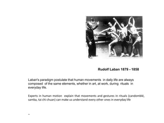 Rudolf Laban 1879 - 1858
Laban's paradigm postulate that human movements in daily life are always
composed of the same elements, whether in art, at work, during rituals in
everyday life.
Experts in human motion explain that movements and gestures in rituals (candomblé,
samba, tai chi chuan) can make us understand every other ones in everyday life
−
 