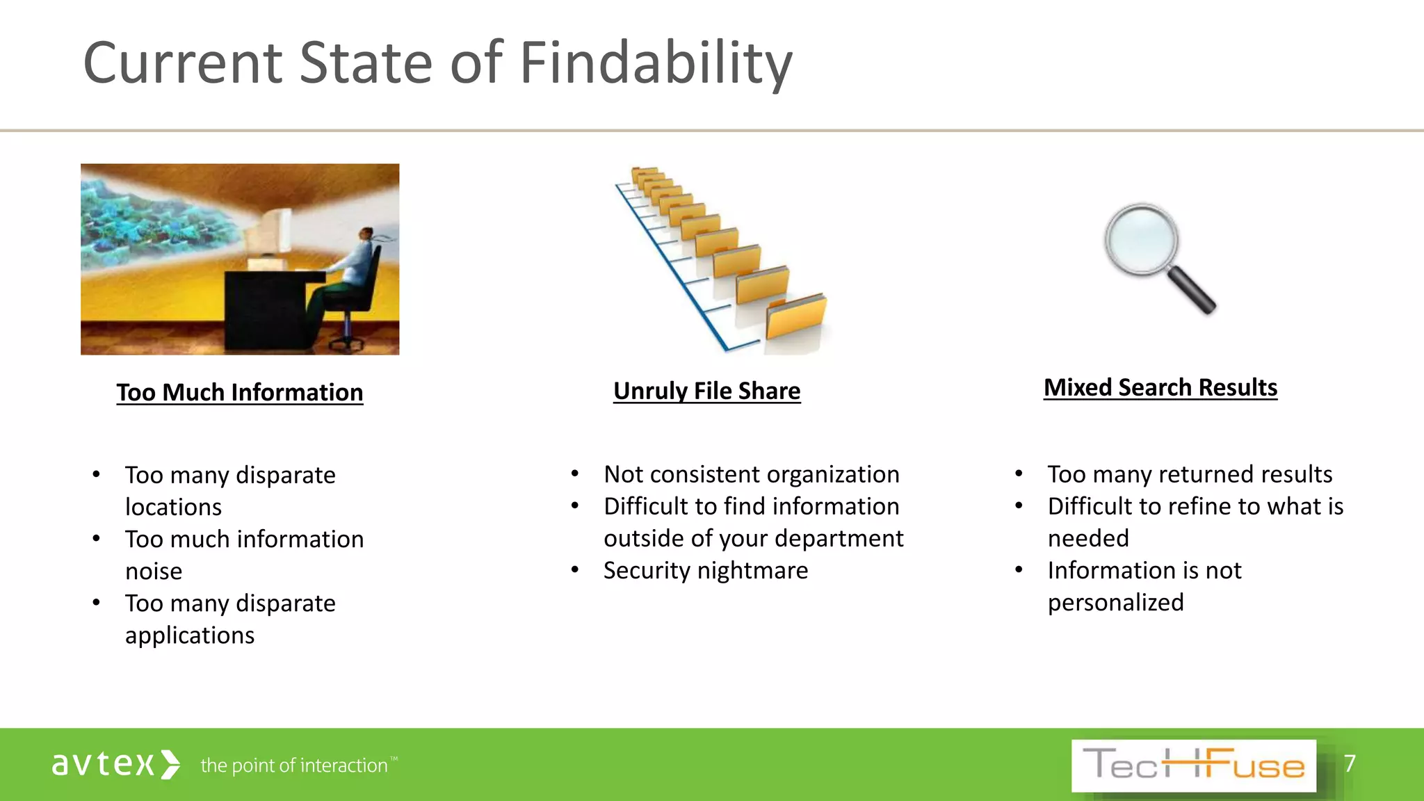 7
Current State of Findability
Too Much Information
• Too many disparate
locations
• Too much information
noise
• Too many disparate
applications
Unruly File Share
• Not consistent organization
• Difficult to find information
outside of your department
• Security nightmare
Mixed Search Results
• Too many returned results
• Difficult to refine to what is
needed
• Information is not
personalized
 