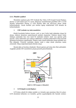 2.1.1. Monitör çeĢitleri
      Monitörler yapılarına göre CRT (Cathode Ray Tube), LCD (Liquid Crystal Display),
plazma ve LED olmak üzere 4’e ayrılır. Bilgisayar monitörlerinde genellikle CRT ve LCD
ekranlar kullanılırken Plazma ve LED ekranlar daha çok televizyon ekranı olarak
kullanılmaktadır. Ancak özellikle yeni üretilen laptop modellerinde LED ekranlar da
kullanılmaktadır.

           CRT (cathode ray tube) monitörler:

       Küçük boyutlarda binlerce kırmızı, yeĢil ve mavi fosfor kaplı tabakadan oluĢan bir
ekrana, elektron demetinin çarptırılmasıyla görüntü oluĢturulur. Elektron demeti fosfor
tabakaya çarpmadan önce ince metal bir maskeden (shadow mask veya aperture grill)
geçirilir. Amaç elektronları aynı noktaya odaklamak ve baĢıboĢ elektronların ekran üzerinde
görüntüyü bozmalarını engellemektir. Shadow mask, küçük deliklerden oluĢan Ģekildeki ince
film tabakadır. Üreticiler tarafından shadow mask a rakip olarak çıkarılmıĢ maske
yöntemidir. DüĢey doğrultuda küçük tellerden oluĢur.

     Burada daha az bozulma olmaktadır. Birçok aperture gril ekran düz (flat) Ģeklindedir.
AĢağıdaki Ģekilde CRT monitörlerin çalıĢma prensibi gösterilmektedir.




                             ġekil 2.1: CRT içyapısı ve bileĢenleri

           LCD (liquid crystal display):

    LCD ekran, plastik bir tabaka içindeki sıvı kristalin ıĢığı yansıtması ilkesi ile çalıĢır.
LCD ekranlarda kullanılan sıvı kristaller, gerilim uygulandığında düz biçimde sıralanır.

                                              13
 