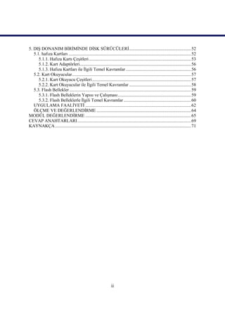 5. DIġ DONANIM BĠRĠMĠNDE DĠSK SÜRÜCÜLERĠ ....................................................... 52
   5.1. hafıza Kartları ............................................................................................................. 52
      5.1.1. Hafıza Kartı ÇeĢitleri ........................................................................................... 53
      5.1.2. Kart Adaptörleri ................................................................................................... 56
      5.1.3. Hafıza Kartları ile Ġlgili Temel Kavramlar .......................................................... 56
   5.2. Kart Okuyucular.......................................................................................................... 57
      5.2.1. Kart Okuyucu ÇeĢitleri ........................................................................................ 57
      5.2.2. Kart Okuyucular ile Ġlgili Temel Kavramlar ....................................................... 58
   5.3. Flash Bellekler ............................................................................................................ 59
      5.3.1. Flash Belleklerin Yapısı ve ÇalıĢması ................................................................. 59
      5.3.2. Flash Belleklerle Ġlgili Temel Kavramlar ............................................................ 60
   UYGULAMA FAALĠYETĠ .............................................................................................. 62
   ÖLÇME VE DEĞERLENDĠRME .................................................................................... 64
MODÜL DEĞERLENDĠRME .............................................................................................. 65
CEVAP ANAHTARLARI ..................................................................................................... 69
KAYNAKÇA ......................................................................................................................... 71




                                                                  ii
 
