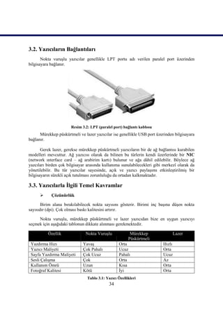 3.2. Yazıcıların Bağlantıları
       Nokta vuruĢlu yazıcılar genellikle LPT portu adı verilen paralel port üzerinden
bilgisayara bağlanır.




                       Resim 3.2: LPT (paralel port) bağlantı kablosu
      Mürekkep püskürtmeli ve lazer yazıcılar ise genellikle USB port üzerinden bilgisayara
bağlanır.

       Gerek lazer, gerekse mürekkep püskürtmeli yazıcıların bir de ağ bağlantısı kurabilen
modelleri mevcuttur. Ağ yazıcısı olarak da bilinen bu türlerin kendi üzerlerinde bir NIC
(network ınterface card – ağ arabirim kartı) bulunur ve ağa dâhil edilebilir. Böylece ağ
yazcıları birden çok bilgisayar arasında kullanıma sunulabilecekleri gibi merkezî olarak da
yönetilebilir. Bu tür yazıcılar sayesinde, açık ve yazıcı paylaĢımı etkinleĢtirilmiĢ bir
bilgisayarın sürekli açık tutulması zorunluluğu da ortadan kalkmaktadır.

3.3. Yazıcılarla Ġlgili Temel Kavramlar
           Çözünürlük

       Birim alana bırakılabilecek nokta sayısını gösterir. Birimi inç baĢına düĢen nokta
sayısıdır (dpi). Çok olması baskı kalitesini artırır.

     Nokta vuruĢlu, mürekkep püskürtmeli ve lazer yazıcıdan bize en uygun yazıcıyı
seçmek için aĢağıdaki tablonun dikkate alınması gerekmektedir.

          Özellik              Nokta VuruĢlu             Mürekkep                Lazer
                                                        Püskürtmeli
 Yazdırma Hızı               YavaĢ                 Orta                  Hızlı
 Yazıcı Maliyeti             Çok Pahalı            Ucuz                  Orta
 Sayfa Yazdırma Maliyeti     Çok Ucuz              Pahalı                Ucuz
 Sesli ÇalıĢma               Çok                   Orta                  Az
 Kullanım Ömrü               Uzun                  Kısa                  Orta
 Fotoğraf Kalitesi           Kötü                  Ġyi                   Orta
                                Tablo 3.1: Yazıcı Özellikleri
                                             34
 