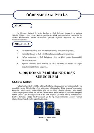 ÖĞRENME FAALĠYETĠ–5
                   ÖĞRENME FAALĠYETĠ–5
   AMAÇ


       Bu öğrenme faaliyeti ile hafıza kartları ve flash bellekleri tanıyacak ve çalıĢma
biçimini öğreneceksiniz. Ayrıca kart okuyucuları ve bellek birimlerinin kart okuyucular ile
birlikte kullanmasını, hafıza birimlerinin çalıĢma biçimini öğrenecek ve bunları
kullanabileceksiniz.

   ARAġTIRMA

           Hafıza kartlarının ve flash belleklerin kullanılıĢ amaçlarını araĢtırınız.
           Hafıza kartlarının ve flash belleklerin bozulma nedenlerini araĢtırınız.
           Hafıza kartlarının ve flash belleklerin virüs ve kötü yazılım konusundaki
            etkilerini araĢtırınız.
           Piyasada bulunan hafıza kartları ve flash bellekleri ve bunlara ait çeĢitli
            modellerin özelliklerini araĢtırınız.


          5. DIġ DONANIM BĠRĠMĠNDE DĠSK
                    SÜRÜCÜLERĠ
5.1. hafıza Kartları
      Hafıza kartları flash bellekler gibi verileri kalıcı olarak depolayan kullanımı kolay ve
taĢınabilir hafıza birimleridir. Cep telefonları, bilgisayarlar, dijital fotoğraf makineleri,
kameralar, müzik setleri, mp3 çalarlar gibi birçok dijital cihazda kullanılır. Yeni model
dizüstü bilgisayarlar birçok tür hafıza kartına destek veren okuyucu yuvalarına sahipken
benzer Ģekilde yeni model yazıcılar da bu kart okuyucu yuvalarla birlikte üretilmektedir.
Böylece kartınızı örneğin telefonunuzdan ya da cep bilgisayarınızdan çıkarıp yazıcıya
takarak hemen kâğıda baskı yapabilmektesiniz.




                                      Resim 5.1: Hafıza kartı
                                                52
 
