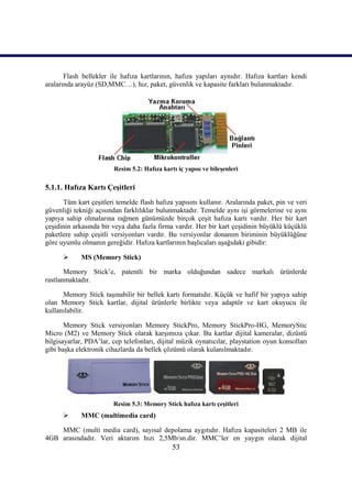 Flash bellekler ile hafıza kartlarının, hafıza yapıları aynıdır. Hafıza kartları kendi
aralarında arayüz (SD,MMC…), hız, paket, güvenlik ve kapasite farkları bulunmaktadır.




                        Resim 5.2: Hafıza kartı iç yapısı ve bileĢenleri

5.1.1. Hafıza Kartı ÇeĢitleri
      Tüm kart çeĢitleri temelde flash hafıza yapısını kullanır. Aralarında paket, pin ve veri
güvenliği tekniği açısından farklılıklar bulunmaktadır. Temelde aynı iĢi görmelerine ve aynı
yapıya sahip olmalarına rağmen günümüzde birçok çeĢit hafıza kartı vardır. Her bir kart
çeĢidinin arkasında bir veya daha fazla firma vardır. Her bir kart çeĢidinin büyüklü küçüklü
paketlere sahip çeĢitli versiyonları vardır. Bu versiyonlar donanım biriminin büyüklüğüne
göre uyumlu olmanın gereğidir. Hafıza kartlarının baĢlıcaları aĢağıdaki gibidir:

            MS (Memory Stick)

       Memory Stick’e, patentli bir marka olduğundan sadece markalı ürünlerde
rastlanmaktadır.

      Memory Stick taĢınabilir bir bellek kartı formatıdır. Küçük ve hafif bir yapıya sahip
olan Memory Stick kartlar, dijital ürünlerle birlikte veya adaptör ve kart okuyucu ile
kullanılabilir.

       Memory Stick versiyonları Memory StickPro, Memory StickPro-HG, MemoryStic
Micro (M2) ve Memory Stick olarak karĢımıza çıkar. Bu kartlar dijital kameralar, dizüstü
bilgisayarlar, PDA’lar, cep telefonları, dijital müzik oynatıcılar, playstation oyun konsolları
gibi baĢka elektronik cihazlarda da bellek çözümü olarak kulanılmaktadır.




                        Resim 5.3: Memory Stick hafıza kartı çeĢitleri
            MMC (multimedia card)

    MMC (multi media card), sayısal depolama aygıtıdır. Hafıza kapasiteleri 2 MB ile
4GB arasındadır. Veri aktarım hızı 2,5Mb/sn.dir. MMC’ler en yaygın olarak dijital
                                              53
 