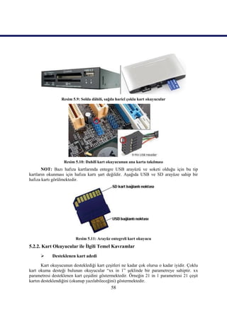 Resim 5.9: Solda dâhili, sağda haricî çoklu kart okuyucular




                  Resim 5.10: Dahilî kart okuyucunun ana karta takılması
       NOT: Bazı hafıza kartlarında entegre USB arayüzü ve soketi olduğu için bu tip
kartların okunması için hafıza kartı Ģart değildir. AĢağıda USB ve SD arayüze sahip bir
hafıza kartı görülmektedir.




                         Resim 5.11: Arayüz entegreli kart okuyucu
5.2.2. Kart Okuyucular ile Ġlgili Temel Kavramlar
           Desteklenen kart adedi

       Kart okuyucunun desteklediği kart çeĢitleri ne kadar çok olursa o kadar iyidir. Çoklu
kart okuma desteği bulunan okuyucular “xx in 1” Ģeklinde bir parametreye sahiptir. xx
parametresi desteklenen kart çeĢidini göstermektedir. Örneğin 21 in 1 parametresi 21 çeĢit
kartın desteklendiğini (okunup yazılabileceğini) göstermektedir.
                                             58
 
