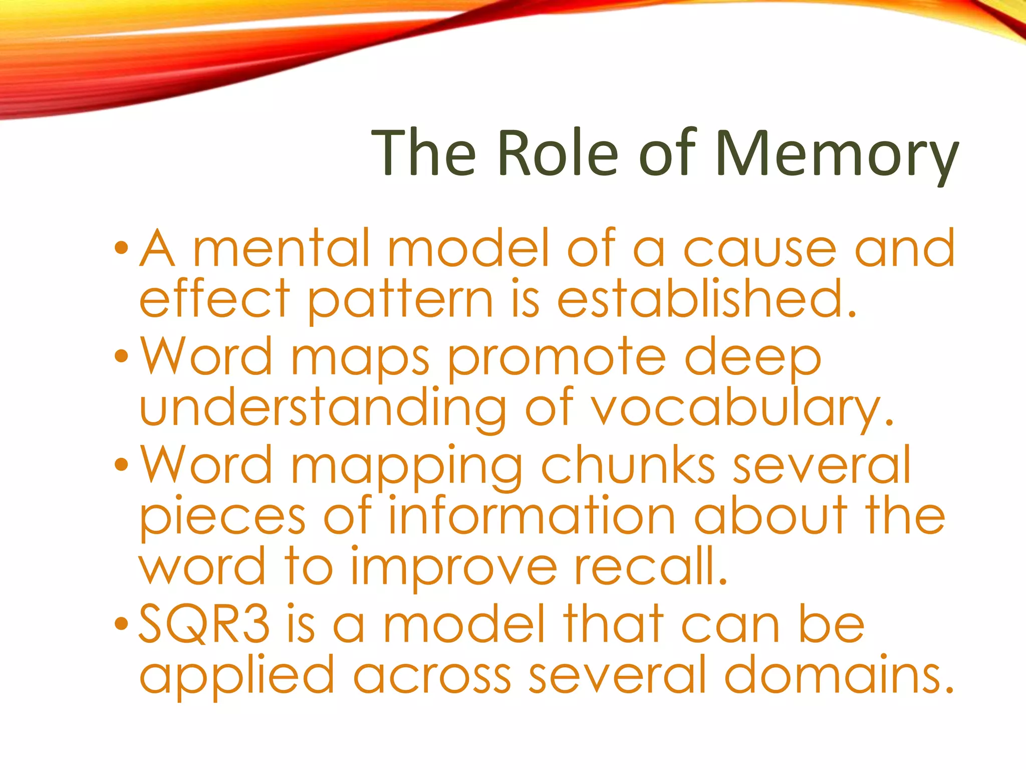 What is the role of
memory in this plan?
•Organization is central to
signaling the information from
the learner.
•Use of graphical organizers.
•Use of mnemonics to teach an
approach to study.
 