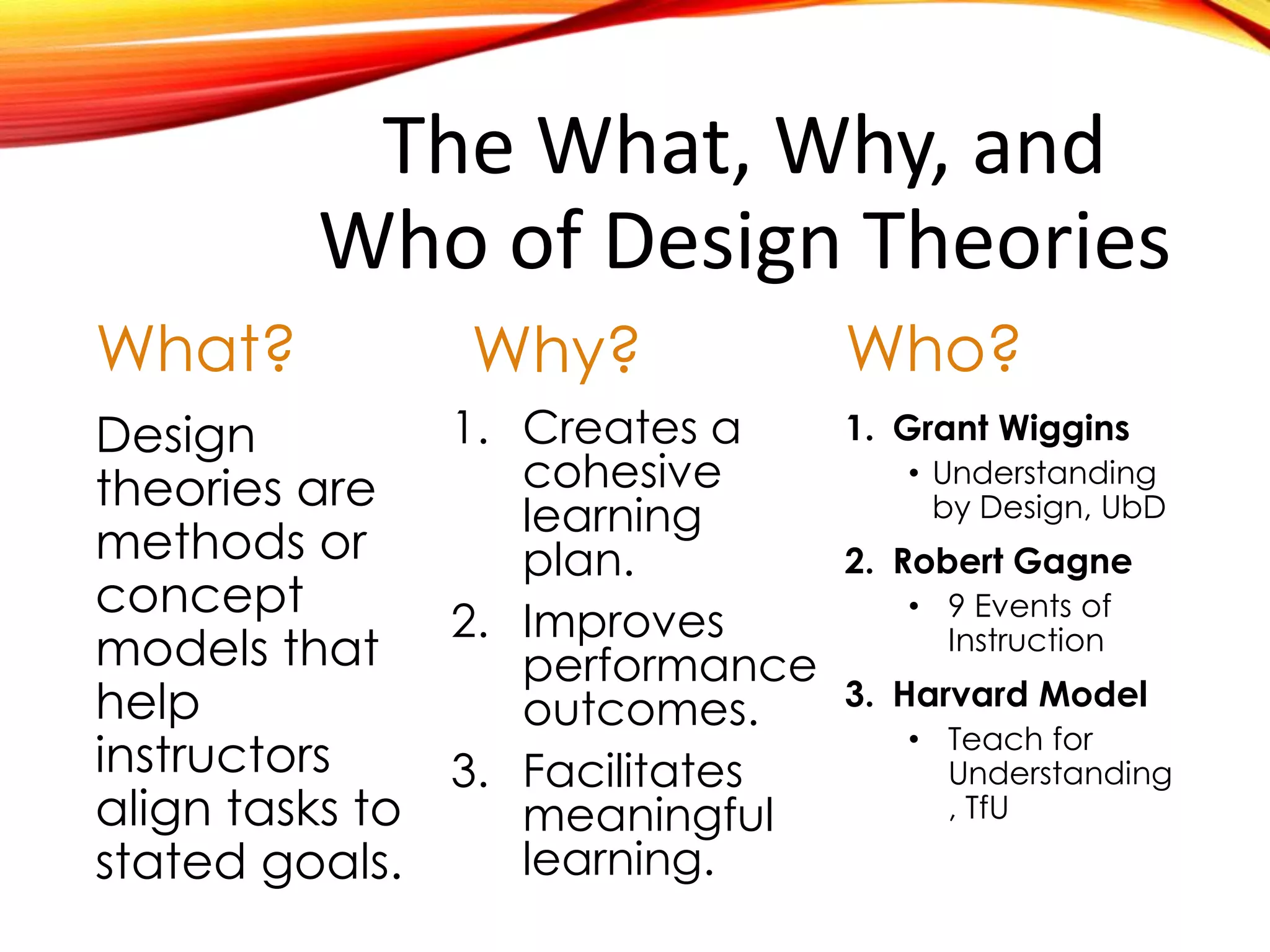 The What, Why, and
Who of Design Theories
What?
Design
theories are
methods or
concept
models that
help
instructors
align tasks to
stated goals.
Why?
1. Creates a
cohesive
learning
plan.
2. Improves
performance
outcomes.
3. Facilitates
meaningful
learning.
Who?
1. Grant Wiggins
• Understanding
by Design, UbD
1. Robert Gagne
• 9 Events of
Instruction
1. Harvard Model
• Teach for
Understanding,
TfU
 