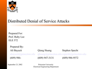 Distributed Denial of Service Attacks Prepared For: Prof. Ruby Lee ELE 572 September 23, 2002 Princeton University  Electrical Engineering Department 