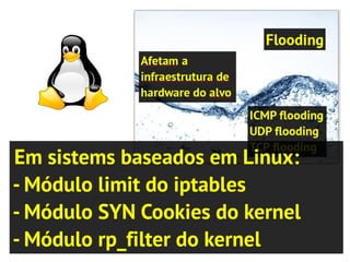 Em sistems baseados em Linux:
- Módulo limit do iptables
- Módulo SYN Cookies do kernel
- Módulo rp_filter do kernel
 