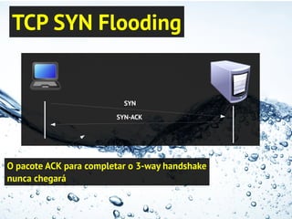 TCP SYN Flooding
SYN
SYN-ACK
O pacote ACK para completar o 3-way handshake
nunca chegará
 