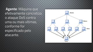 Agente: Máquina que
efetivamente concretiza
o ataque DoS contra
uma ou mais vítimas,
conforme for
especificado pelo
atacante.

 