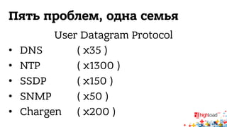 Пять проблем, одна семья 
User Datagram Protocol 
• DNS ( x35 ) 
• NTP ( x1300 ) 
• SSDP ( x150 ) 
• SNMP ( x50 ) 
• Chargen ( x200 ) 
 