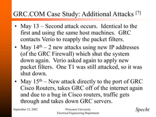 September 23, 2002 Princeton University
Electrical Engineering Department
GRC.COM Case Study: Additional Attacks [7]
• May 13 – Second attack occurs. Identical to the
first and using the same host machines. GRC
contacts Verio to reapply the packet filters.
• May 14th – 2 new attacks using new IP addresses
(of the GRC Firewall) which shut the system
down again. Verio asked again to apply new
packet filters. One T1 was still attacked, so it was
shut down.
• May 15th – New attack directly to the port of GRC
Cisco Routers, takes GRC off of the internet again
and due to a bug in Cisco routers, traffic gets
through and takes down GRC servers.
Specht
 