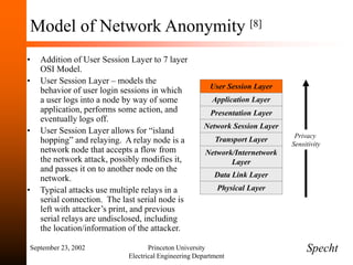 September 23, 2002 Princeton University
Electrical Engineering Department
Model of Network Anonymity [8]
• Addition of User Session Layer to 7 layer
OSI Model.
• User Session Layer – models the
behavior of user login sessions in which
a user logs into a node by way of some
application, performs some action, and
eventually logs off.
• User Session Layer allows for “island
hopping” and relaying. A relay node is a
network node that accepts a flow from
the network attack, possibly modifies it,
and passes it on to another node on the
network.
• Typical attacks use multiple relays in a
serial connection. The last serial node is
left with attacker’s print, and previous
serial relays are undisclosed, including
the location/information of the attacker.
Specht
Application Layer
User Session Layer
Network Session Layer
Presentation Layer
Network/Internetwork
Layer
Transport Layer
Physical Layer
Data Link Layer
Privacy
Sensitivity
 