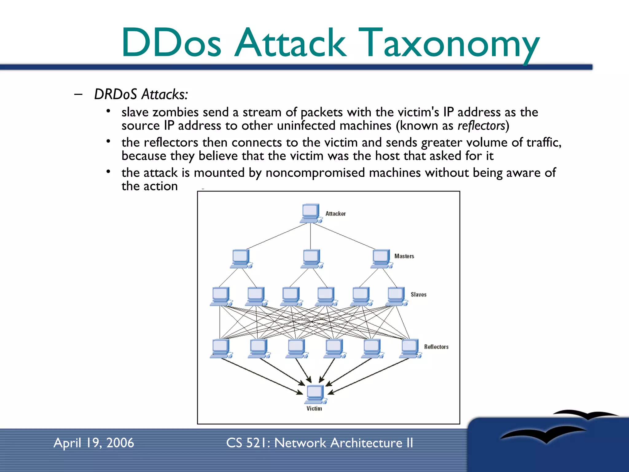 DDos Attack Taxonomy DRDoS Attacks:   slave zombies send a stream of packets with the victim's IP address as the source IP address to other uninfected machines (known as  reflectors ) the reflectors then connects to the victim and sends greater volume of traffic, because they believe that the victim was the host that asked for it  the attack is mounted by noncompromised machines without being aware of the action  