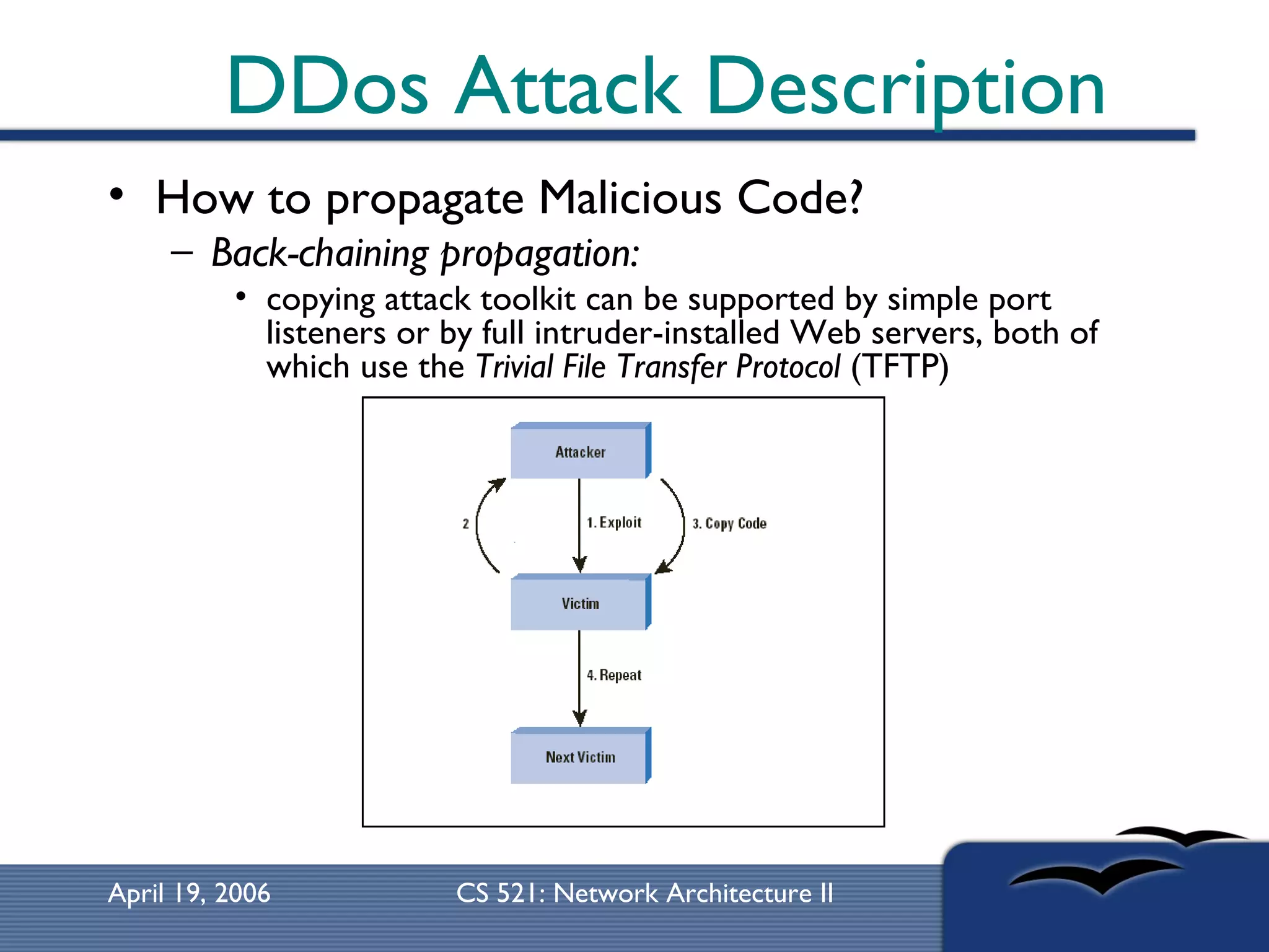 DDos Attack Description How to propagate Malicious Code? Back-chaining propagation:   copying attack toolkit can be supported by simple port listeners or by full intruder-installed Web servers, both of which use the  Trivial File Transfer Protocol  (TFTP) 