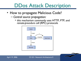 DDos Attack Description How to propagate Malicious Code? Central source propagation:   this mechanism commonly uses HTTP, FTP, and  remote-procedure call  (RPC) protocols  