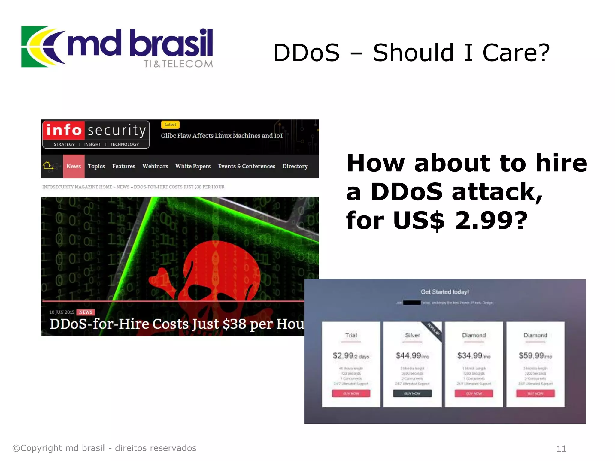 DDoS – Should I Care?
11©Copyright md brasil - direitos reservados
How about to hire
a DDoS attack,
for US$ 2.99?
 