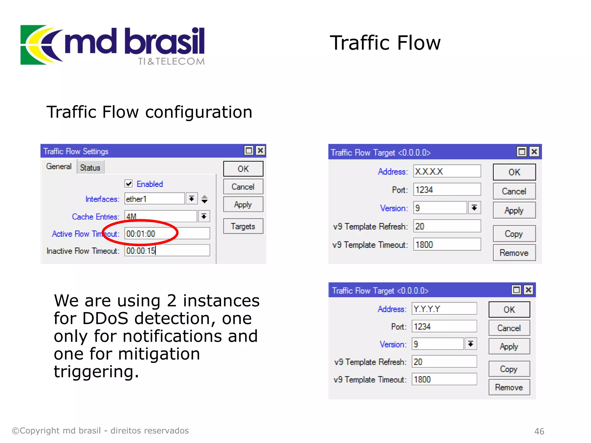 Traffic Flow
Traffic Flow configuration
©Copyright md brasil - direitos reservados 46
We are using 2 instances
for DDoS detection, one
only for notifications and
one for mitigation
triggering.
 
