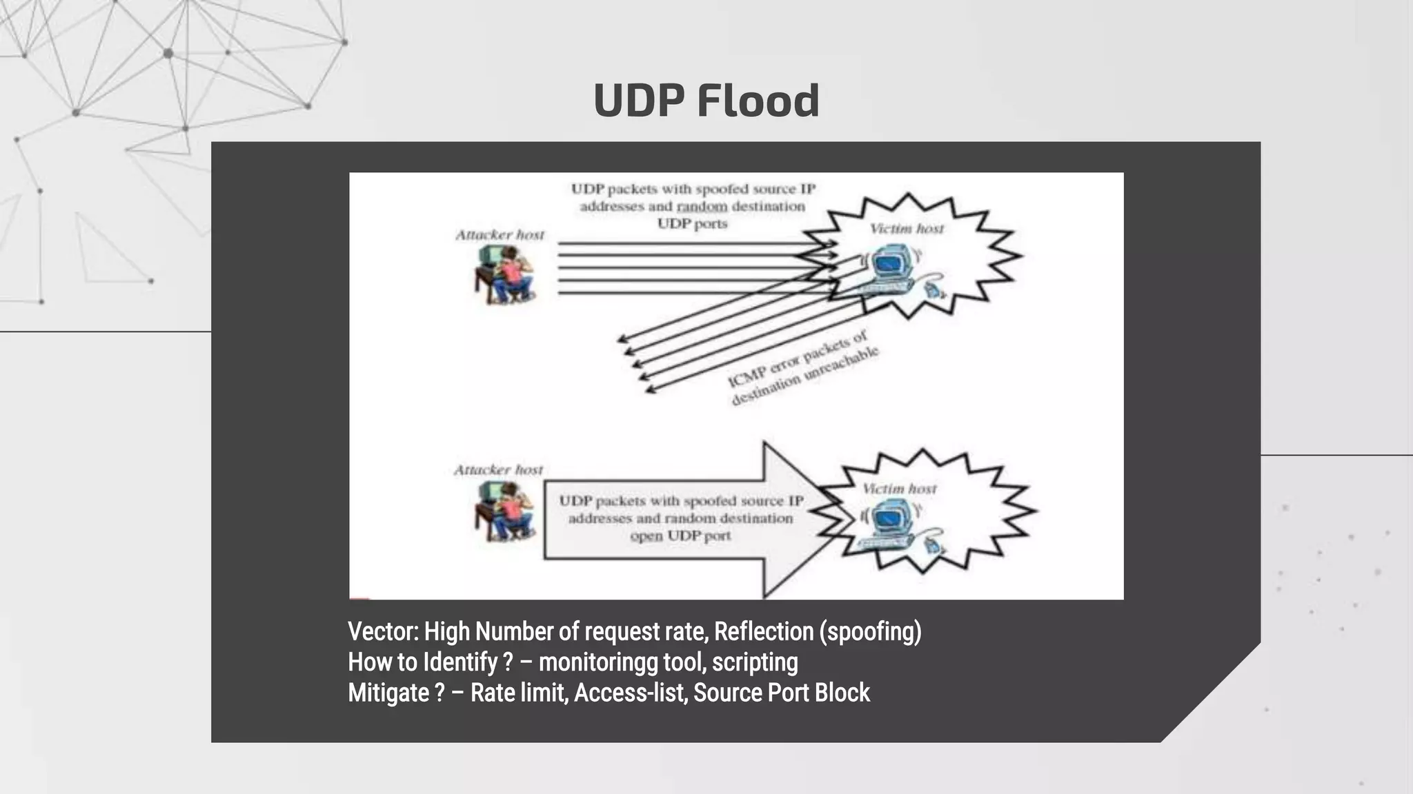 UDP Flood
 Vector: High Number of request rate, Reflection (spoofing)
 How to Identify ? – monitoringg tool, scripting
 Mitigate ? – Rate limit, Access-list, Source Port Block
 