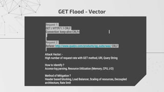 GET Flood - Vector
 Attack Vector: -
 High number of request rate with GET method, URI, Query String
 How to Identify ?
 Access-log parsing, Resource Utilization (Memory, CPU, I/O)
 Method of Mitigation ?
 Header based blocking, Load Balancer, Scaling of resources, Decoupled
architecture, Rate limit
Request 1:
GET / HTTP/1.1 CRLF
Connection: keep-alive CRLFv019-09-18 at 10.27.58 PM
Request 2:
Referer: http://www.qualys.com/products/qg_suite/was/ CRLF
 