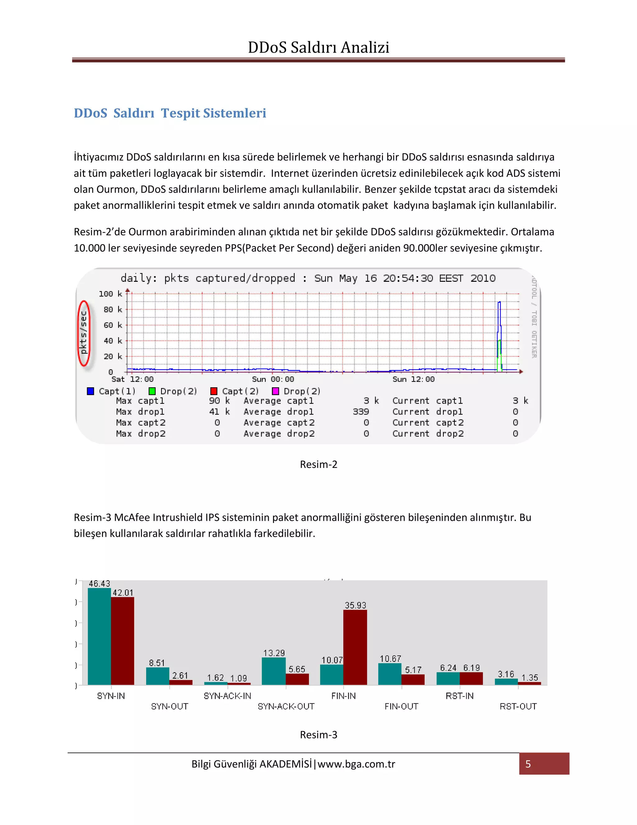 DDoS Saldırı Analizi


DDoS Saldırı Tespit Sistemleri


İhtiyacımız DDoS saldırılarını en kısa sürede belirlemek ve herhangi bir DDoS saldırısı esnasında saldırıya
ait tüm paketleri loglayacak bir sistemdir. Internet üzerinden ücretsiz edinilebilecek açık kod ADS sistemi
olan Ourmon, DDoS saldırılarını belirleme amaçlı kullanılabilir. Benzer şekilde tcpstat aracı da sistemdeki
paket anormalliklerini tespit etmek ve saldırı anında otomatik paket kadyına başlamak için kullanılabilir.

Resim-2’de Ourmon arabiriminden alınan çıktıda net bir şekilde DDoS saldırısı gözükmektedir. Ortalama
10.000 ler seviyesinde seyreden PPS(Packet Per Second) değeri aniden 90.000ler seviyesine çıkmıştır.




                                                 Resim-2



Resim-3 McAfee Intrushield IPS sisteminin paket anormalliğini gösteren bileşeninden alınmıştır. Bu
bileşen kullanılarak saldırılar rahatlıkla farkedilebilir.




                                                 Resim-3

                         Bilgi Güvenliği AKADEMİSİ|www.bga.com.tr                                  5
 
