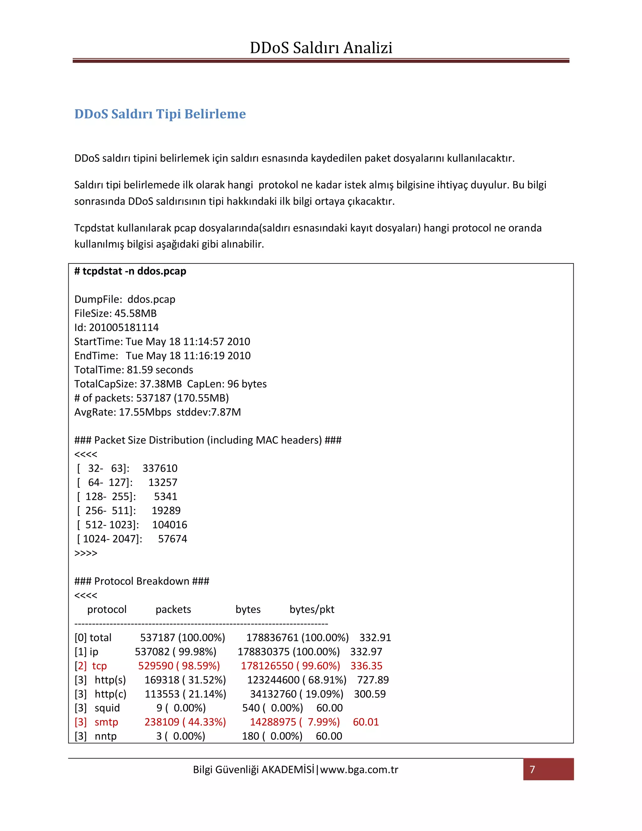 DDoS Saldırı Analizi


DDoS Saldırı Tipi Belirleme


DDoS saldırı tipini belirlemek için saldırı esnasında kaydedilen paket dosyalarını kullanılacaktır.

Saldırı tipi belirlemede ilk olarak hangi protokol ne kadar istek almış bilgisine ihtiyaç duyulur. Bu bilgi
sonrasında DDoS saldırısının tipi hakkındaki ilk bilgi ortaya çıkacaktır.

Tcpdstat kullanılarak pcap dosyalarında(saldırı esnasındaki kayıt dosyaları) hangi protocol ne oranda
kullanılmış bilgisi aşağıdaki gibi alınabilir.

# tcpdstat -n ddos.pcap

DumpFile: ddos.pcap
FileSize: 45.58MB
Id: 201005181114
StartTime: Tue May 18 11:14:57 2010
EndTime: Tue May 18 11:16:19 2010
TotalTime: 81.59 seconds
TotalCapSize: 37.38MB CapLen: 96 bytes
# of packets: 537187 (170.55MB)
AvgRate: 17.55Mbps stddev:7.87M

### Packet Size Distribution (including MAC headers) ###
<<<<
[ 32- 63]: 337610
[ 64- 127]: 13257
[ 128- 255]:     5341
[ 256- 511]: 19289
[ 512- 1023]: 104016
[ 1024- 2047]: 57674
>>>>

### Protocol Breakdown ###
<<<<
    protocol           packets                bytes          bytes/pkt
------------------------------------------------------------------------
[0] total          537187 (100.00%)              178836761 (100.00%) 332.91
[1] ip           537082 ( 99.98%)             178830375 (100.00%) 332.97
[2] tcp           529590 ( 98.59%)             178126550 ( 99.60%) 336.35
[3] http(s)         169318 ( 31.52%)             123244600 ( 68.91%) 727.89
[3] http(c)         113553 ( 21.14%)              34132760 ( 19.09%) 300.59
[3] squid              9 ( 0.00%)               540 ( 0.00%) 60.00
[3] smtp            238109 ( 44.33%)              14288975 ( 7.99%) 60.01
[3] nntp               3 ( 0.00%)               180 ( 0.00%) 60.00

                            Bilgi Güvenliği AKADEMİSİ|www.bga.com.tr                                   7
 