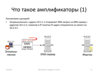 Что	
  такое	
  амплификаторы	
  (1)	
  
Рассмотрим	
  сценарий:	
  
•  Злоумышленник	
  с	
  адреса	
  10.1.1.1	
  отправляет	
  DNS-­‐запрос	
  на	
  DNS-­‐сервер	
  с	
  
адресом	
  10.2.2.2,	
  поменяв	
  в	
  IP-­‐пакетах	
  IP-­‐адрес	
  отправителя	
  со	
  своего	
  на	
  
10.3.3.3	
  
13/10/15	
   DDoS	
  AXacks	
  mi]ga]on:	
  tutorial	
   21	
  
 