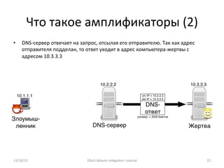 Что	
  такое	
  амплификаторы	
  (2)	
  
•  DNS-­‐сервер	
  отвечает	
  на	
  запрос,	
  отсылая	
  его	
  отправителю.	
  Так	
  как	
  адрес	
  
отправителя	
  подделан,	
  то	
  ответ	
  уходит	
  в	
  адрес	
  компьютера-­‐жертвы	
  с	
  
адресом	
  10.3.3.3	
  
13/10/15	
   DDoS	
  AXacks	
  mi]ga]on:	
  tutorial	
   22	
  
 